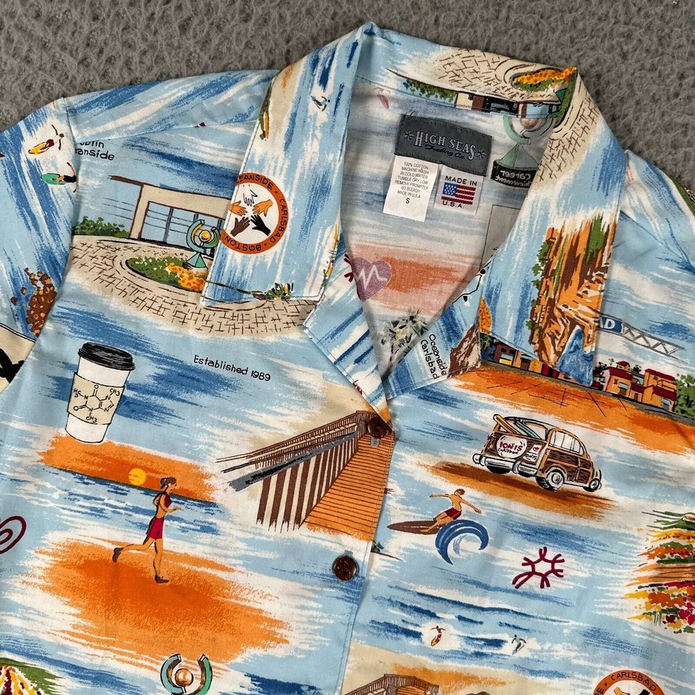High Seas Trading‎ Co Camp Shirt Mens Small Hawaiian California Scenery Beaches